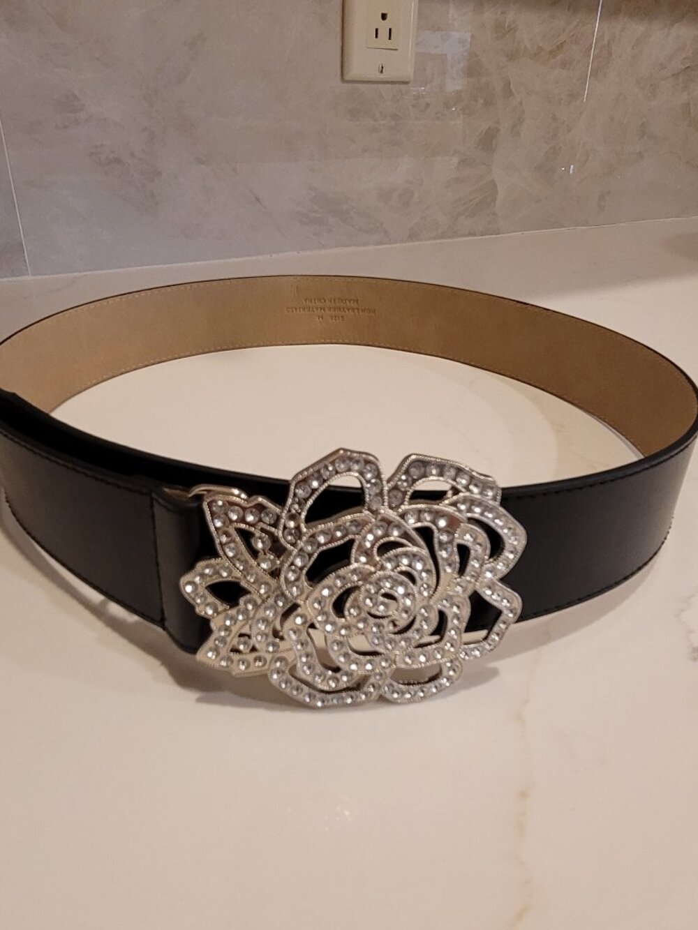 Black Rhinestone Rose Statement Belt Size M Silver Floral Buckle